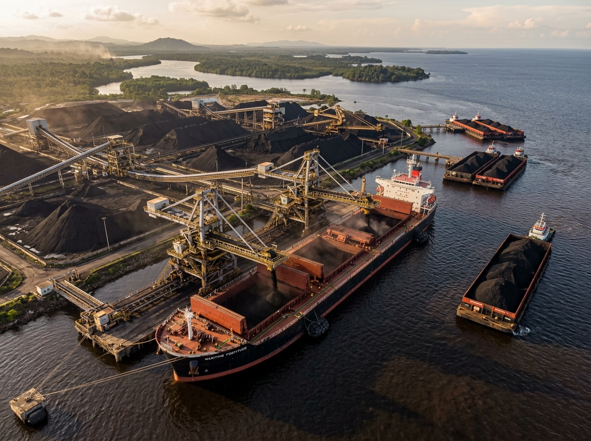 Indonesian steam coal export loading operation with bulk carrier vessel and stockpile conveyors